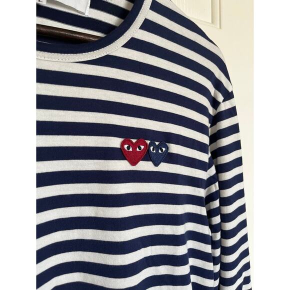 PLAY Comme de Garcons Striped Double Heart Long Sleeve Tee Large White Navy - Picture 4 of 9